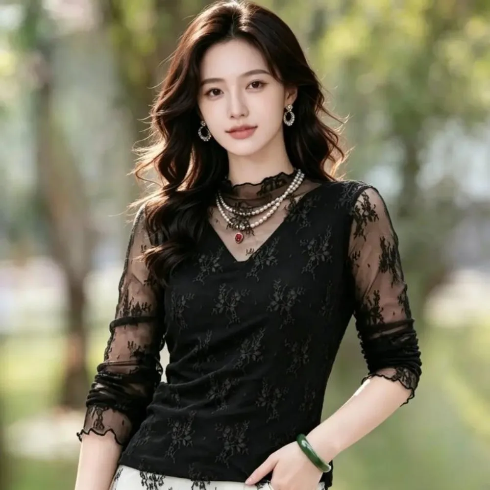 Fake V Neck Women Lace Shirt Floral Lace Stretchy Mesh Long Sleeve Top Long Sleeve Hides Extra Fat Layering Shirt Daily Outfit