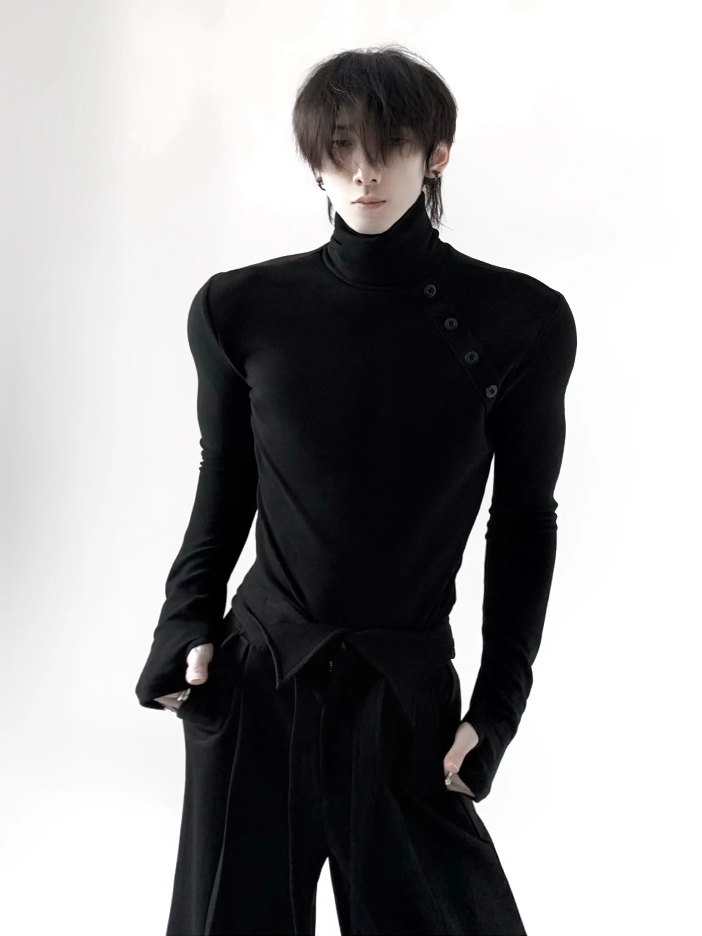 High Neck Long Sleeve Men's Base Shirt Skin-friendly Warmth Locking Slim Fit T-shirt Handmade Thermal Regulation Base Layer