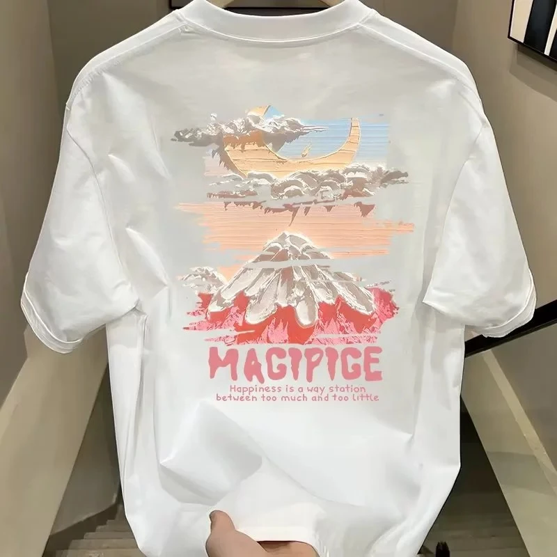 Men's Cotton T-shirts 5XL Black T Shirt for Men Casual Summer Wear Fashion Mountain Print Tee Shirts White Men Clothing