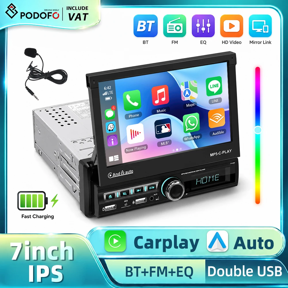 Podofo 7'' CarPlay Auto-Intelligentes System Android Auto 1-Din Mirror Link Autoradio Multimedia MP5-Player Elektrisch Ausfahrbarer Bildschirm BT EQ FM-Radio Stereo