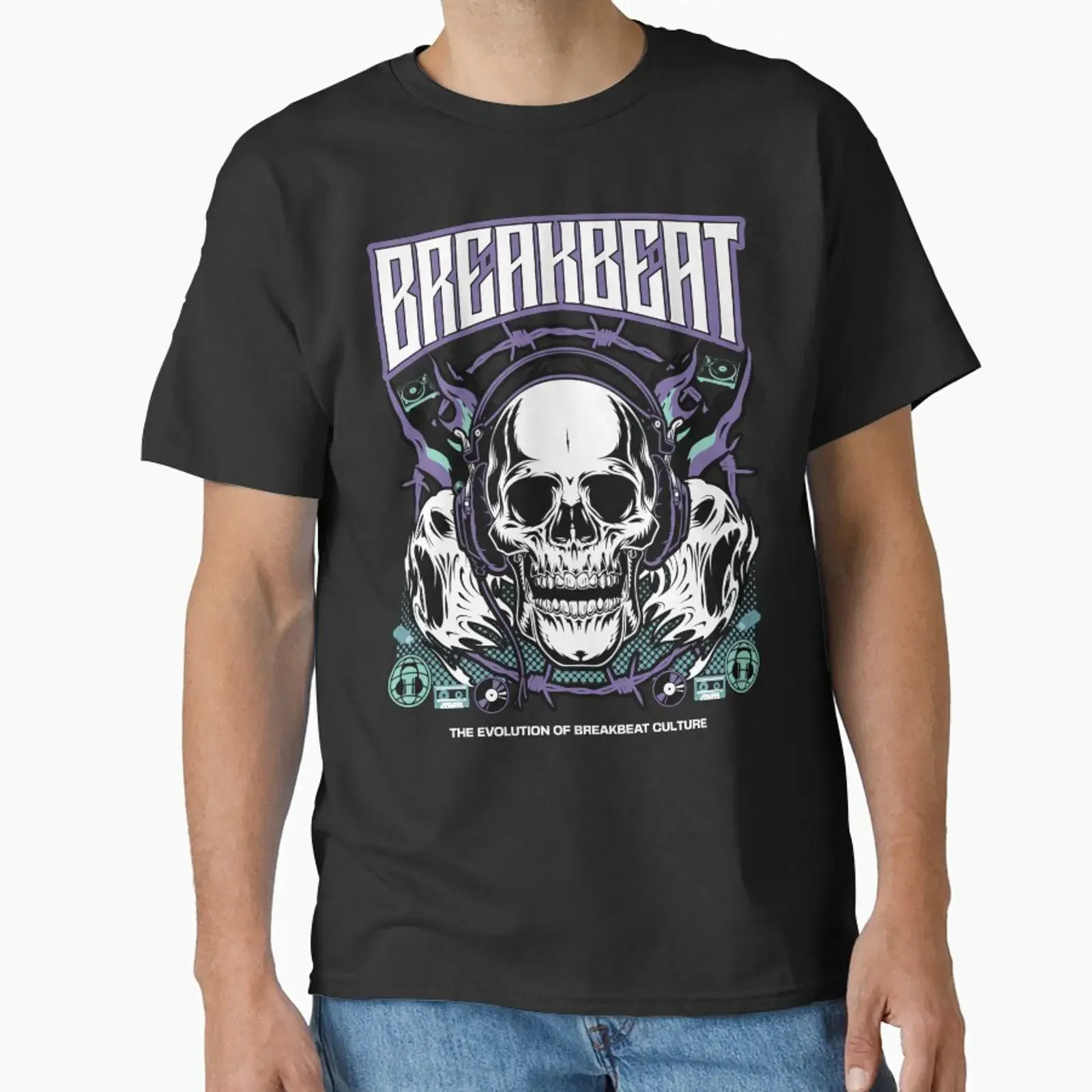 T-shirt classique BREAKBEAT Evolution Skull Purple Teal, effet délavé vintage, pour un usage quotidien, respirant, unisexe, décontracté, à motif graphique.