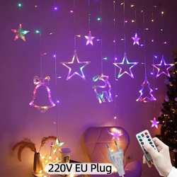 LED 220V EU Plug Christmas Star Bells Deer Garland Curtain Lights Fairy Light For Party Ramadan Decor New Year Decoration 2023