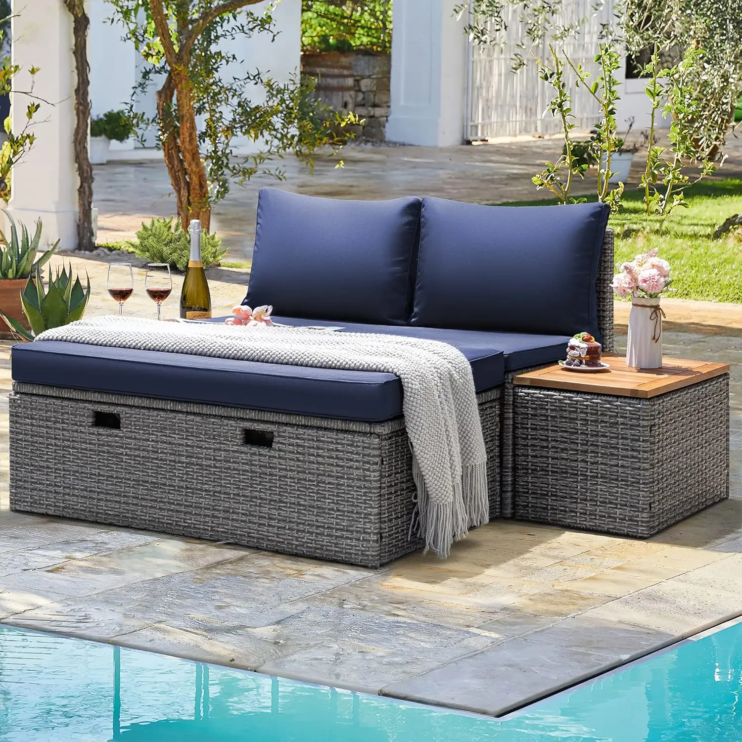 Patio Furniture Set Multifunctional Outdoor Sectional Sofa Rattan Chaise Lounge Wicker Daybed w/Couch, Cushions, Storage Ottoman