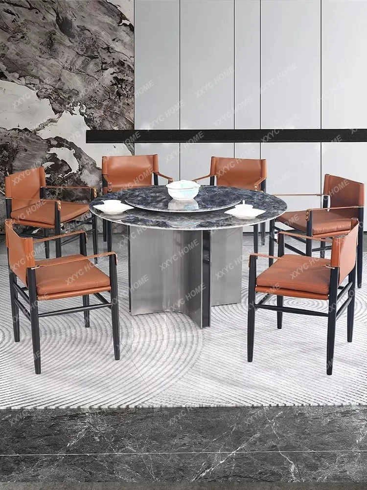 Jlight luxury natural supercrystalline stone round dining table modern simple household stainless steel black titanium