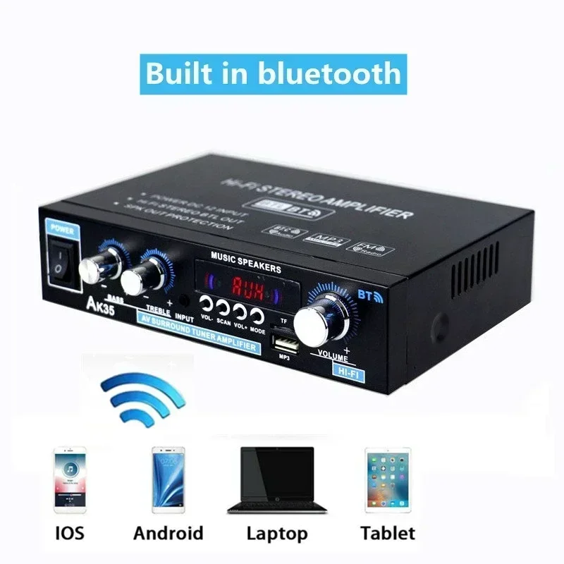 Bluetoothデジタルhifiアンプ,ak35サウンドアンプ,アンプサポート,mp3チャンネル2.0, 110v-240v,家庭,車,最大400w x 2