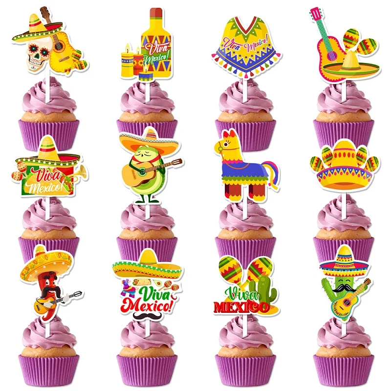 12pçs toppers de bolo de fiesta mexicana, decoração de bolo de viva méxico, cacto do dia dos mortos, chapéu, caveira, inserções de bolo de taco