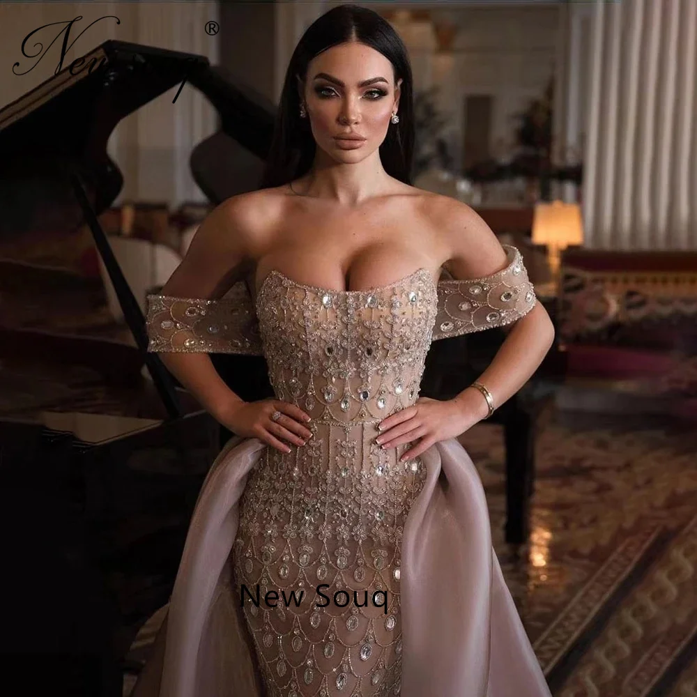 Luxe Off De Schouder Saudi Arabische Avondjurken Sparkly Kralen Prom Dress Mermaid Crystal Celebrity Partij Jassen Aso Ebi