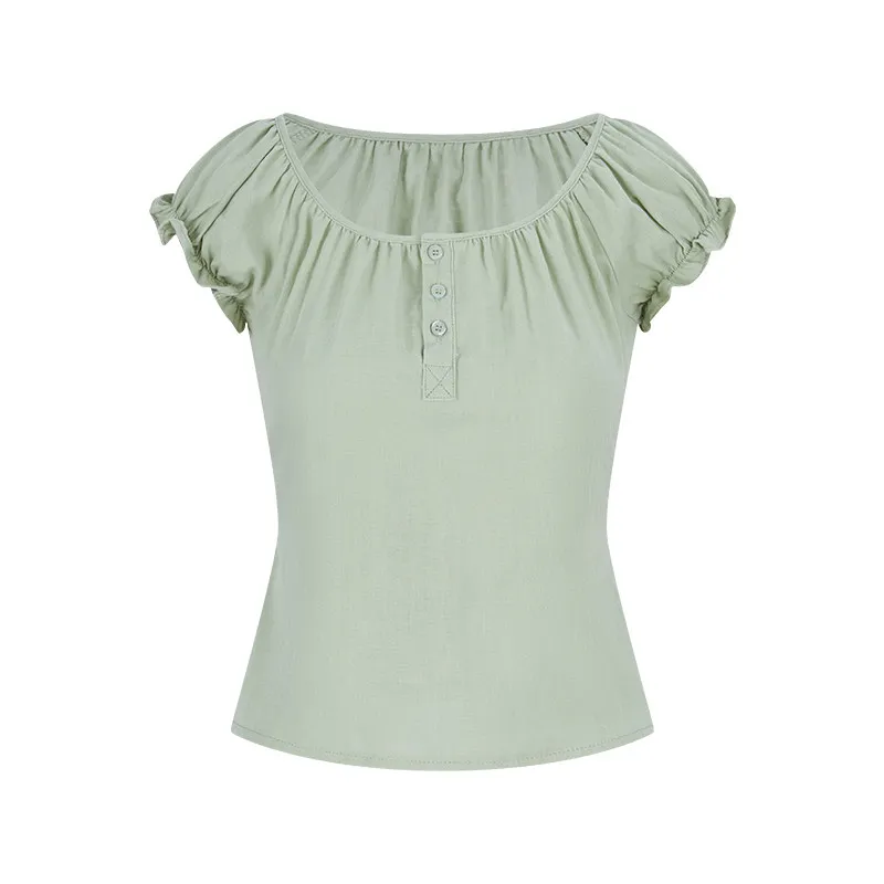 U-neck Short Bubble Sleeve T-Shirt Basic Summer Strap Waist Top Retro Women Pullover Tshirts Outerwears Clothing Vintage Tees