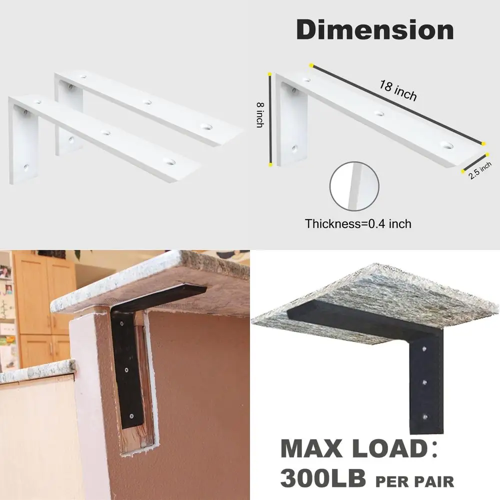 

Сверхмощные металлические L-образные кронштейны толщиной 3/8 для столешниц 18 x 8, опоры кварца, гранита, дерева, бетона, ламината, белая