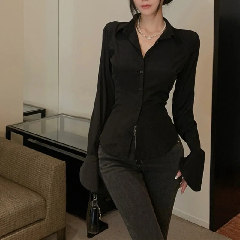 New Women Shirts Sexy Spicy Girls Slim Fit Temperament Design Tops Drawstring Long Sleeve Single Breasted Korean Style Outerwear