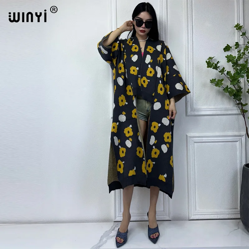 WINYI Floral print woman Winter Knitted kimono Christmas new Fashion hipster party dress Thick Warm Female jacket holiday coat