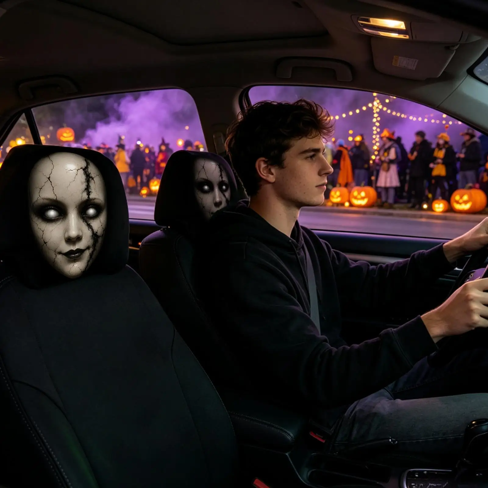 Horror Car Headrest Covers 2 Pieces Elastic Halloween Creepy Face Print Automotive Headrest Protector For Automotive Vehicle