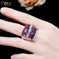 Pera Luxury Royal Engagement Prom Party Big Statement Rose Red Blue Cubic Zirconia Round Finger Rings for Women Jewelry R085