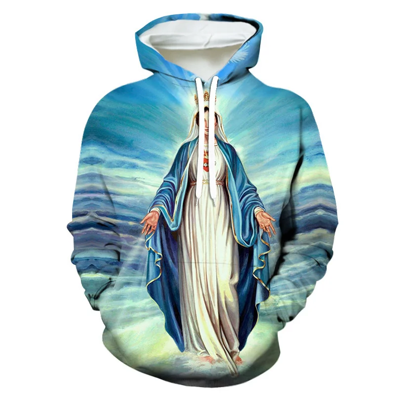 

Fashion Virgin Mary Pattern Hoodies Trend Casual Long Sleeve Christian Faith 3D Printed Pullovers Streetwear Oversize Sweatshirt