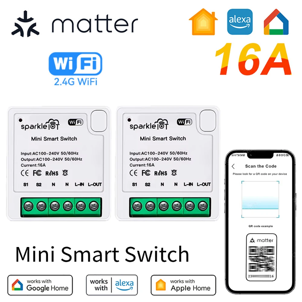 Matter WiFi módulo de interruptor inteligente Mini 16A relé de hogar inteligente interruptor de automatización funciona con Homekit Siri Smartthing Alexa Google Home