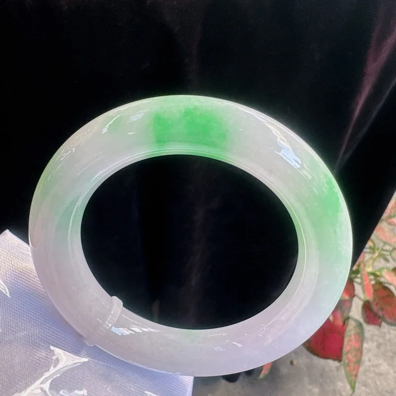 Factory Natural Myanmar Jade Delicate Ice-like Floating Green round Bar Bracelet Wholesale with Certificate