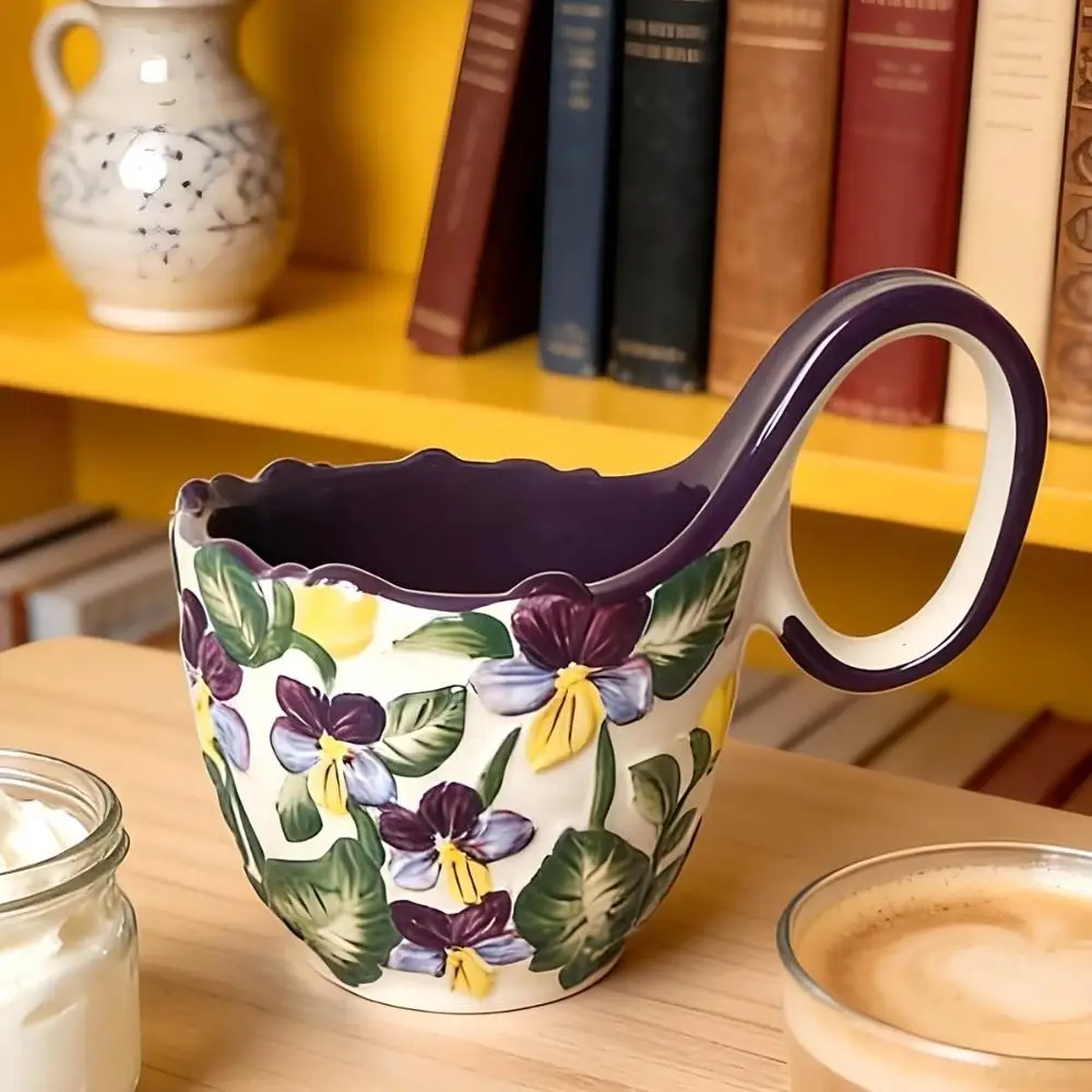 with Loop Handle Microwave Safe Soup Bowl Handmade with Spoon Big Handle Ceramic Soup Bowl Iris Flower Relief Decor Mug - Detail 1