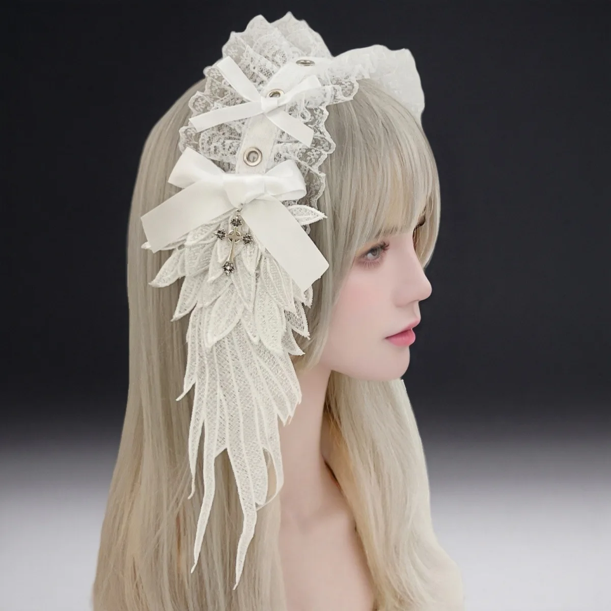 Women's Harajuku Steampunk Y2K Lace Wing Headwear Bow Headband Lolita Gothic Dark Angel Cross Headwear and Hair Accessories