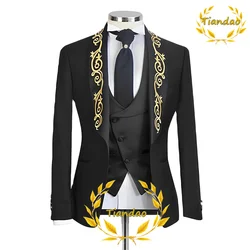 Embroidered Men's Suit 3 Piece Wedding Groom Tuxedo Formal Fashion Blazer Pants Vest Party Dinner Jacket Set