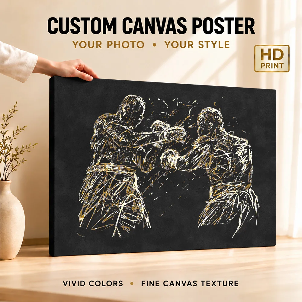 Boxing Match Abstract Silhouettes Canvas Print With Wooden Frame Personalized Photo Golden Linework Wall Art For Training Room