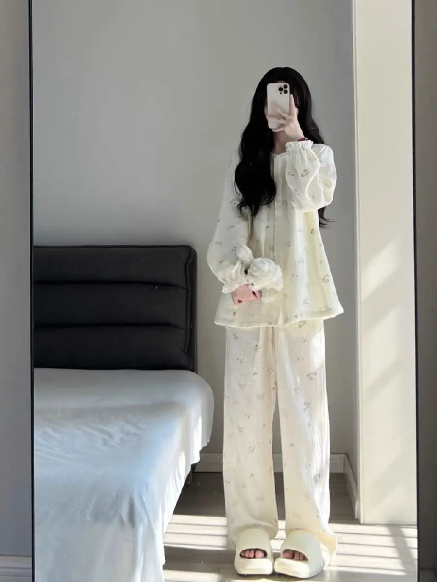 Spring New Ladies Pajamas Set Flora Printed Crepe Cotton Double-layer Gauze Round Neck Long-sleeve Trousers Household Wear XXL