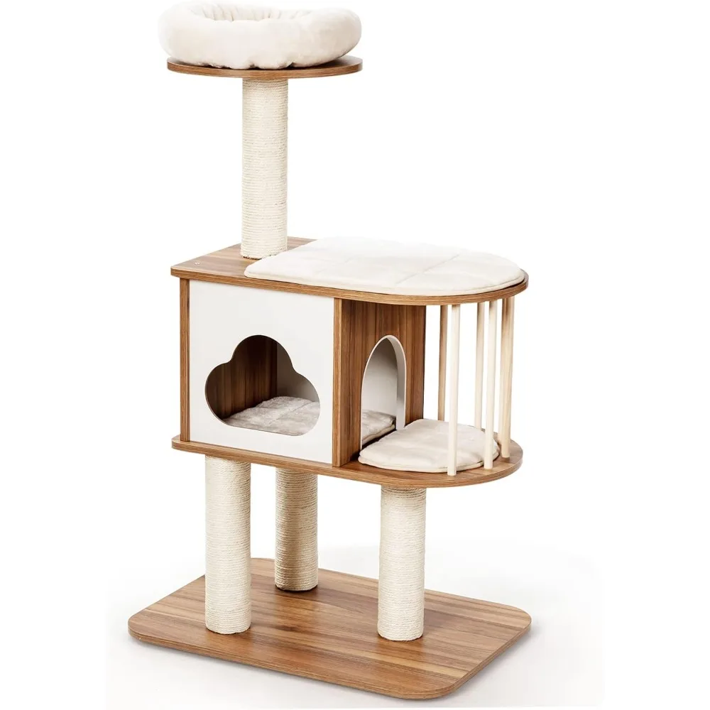 

Wood Cat Tree for Indoor Cats, Modern Cat Tower with Scratching Posts, Cat Condo and Detachable & Washable Cushions