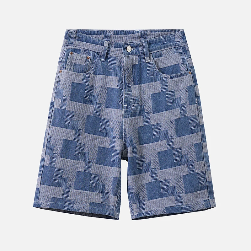 2024 Zomer Nieuwe Denim Shorts Heren Mode Losse Straight Fit Ademende Trendy Geruite Print Casual Veelzijdige Jeans