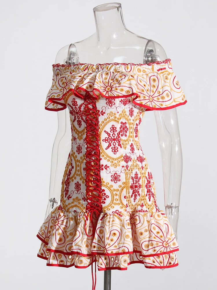 VGH Fora Do Ombro Strapless Vestidos Para As Mulheres de Slash Neck Borboleta Manga Alta Wasit Patchwork Ruffles Mini Emagrecimento Vestido Feminino