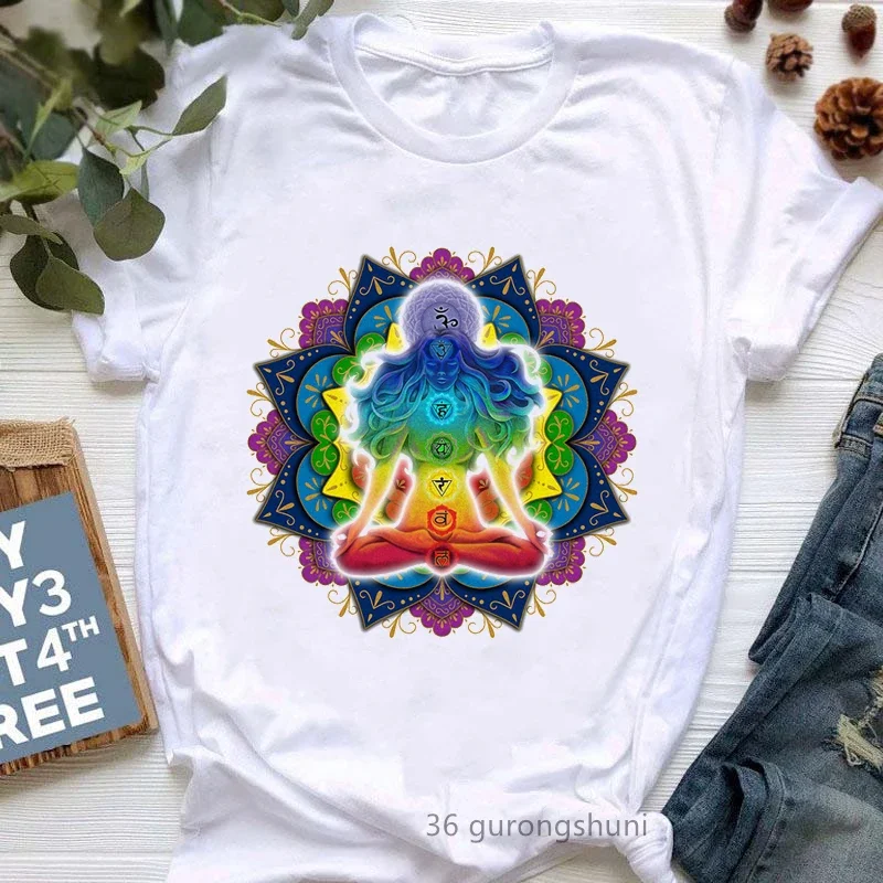 

Rainbow Hippie Yoga Meditation Print Tshirt Women Clothes 2024 Funny Cool T Shirt Femme Buddha Chakra T-Shirt Female Streetwear