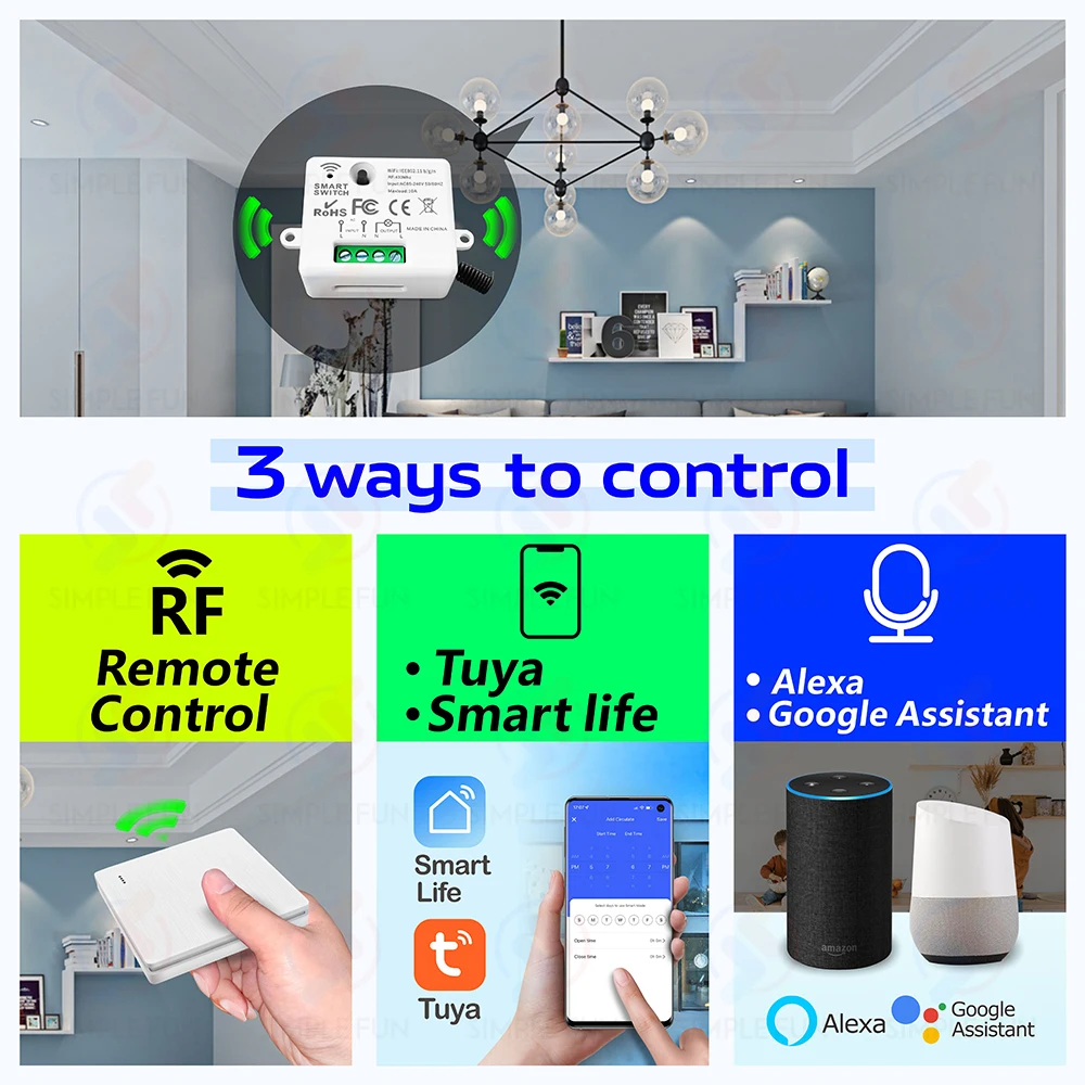 WiFi RF Smart Light Switch Tuya,433Mhz Wireless Wall Switch,APP/Voice Control,110V 220V Mini Module,work with Alex Google Home