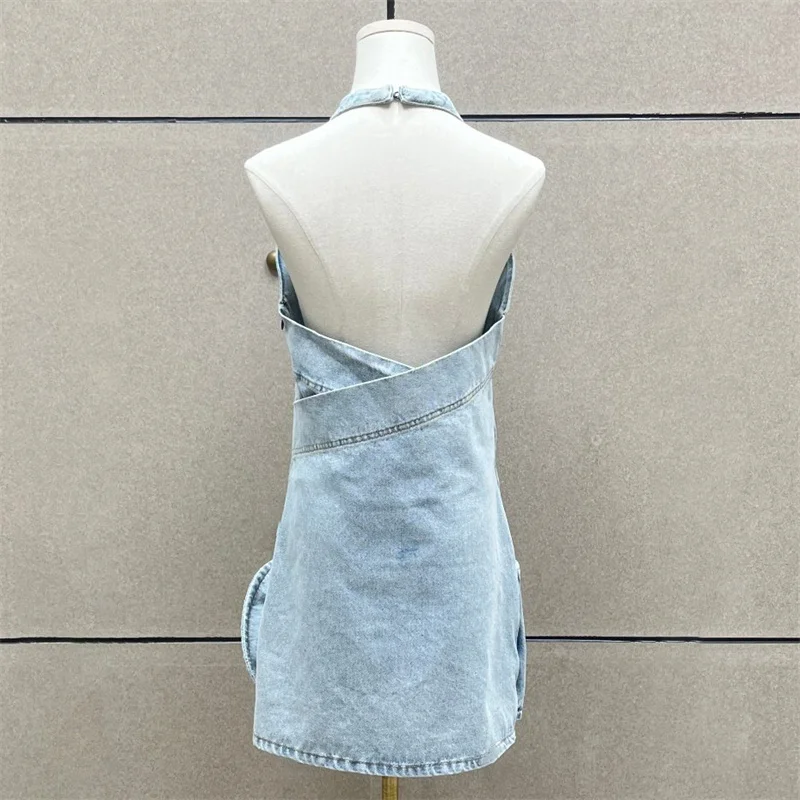 ชุดสตรี 2025 ฤดูร้อนใหม่ 3D ดอกไม้ชุดมินิผ้าฝ้ายแขนกุดสั้นเซ็กซี่ backless PARTY Dresses DENIM ชุด