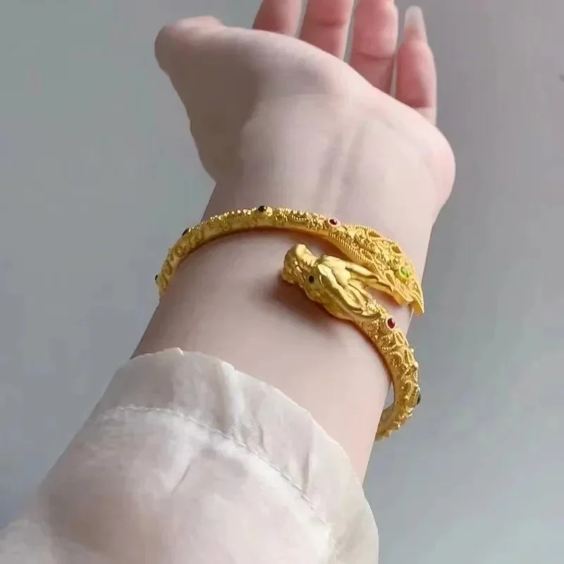 YISON Gold Plated Dragon Tail Swinging Bracelet for Women Domineering Exquisite Filigree Craft Bangle Advanced Ancient Jewelry