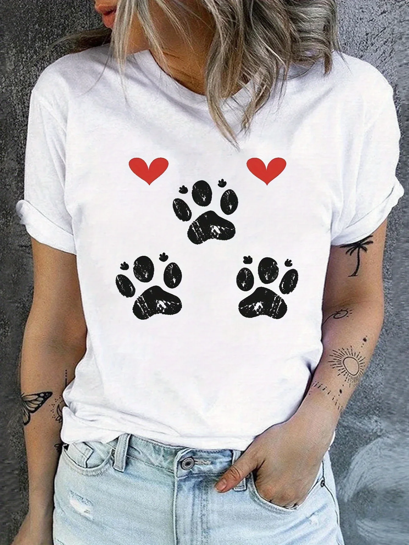 

Футболка с круглым вырезом и принтом лапы, повседневный топ с короткими рукавами на весну, повседневная одежда с рукавами в стиле Харадзюку, уличные топы, эстетичная одежда