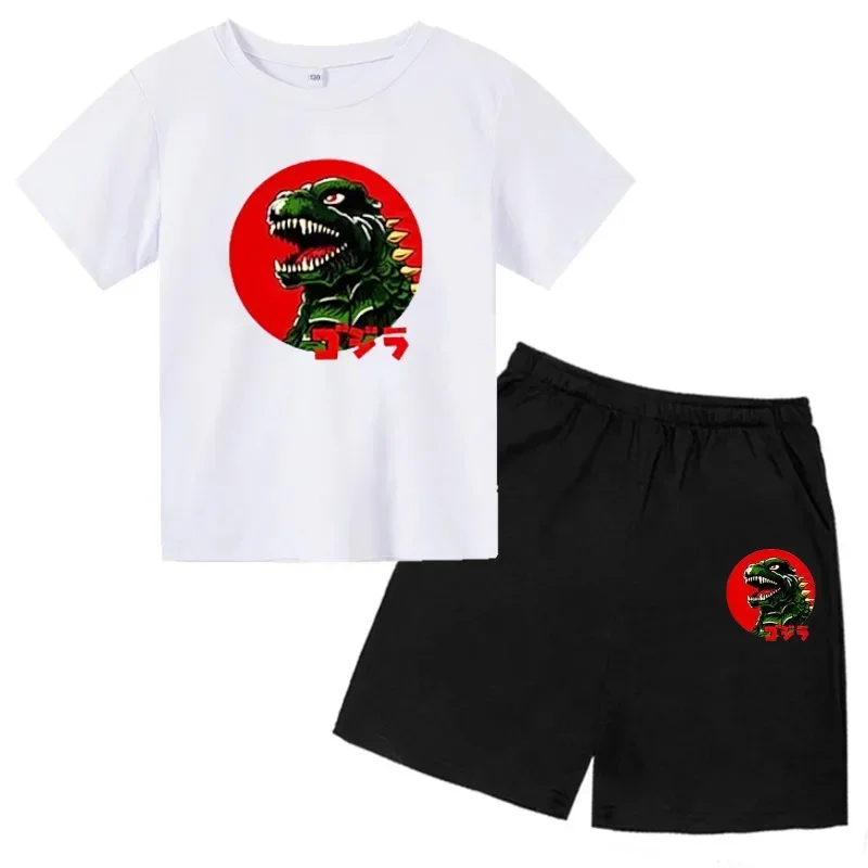 Boys Girls Kids Short Pants Cute Funny Monster Godzilla Leisure Summer Children Tracksuit Fashion Clothes Cotton T-shirt Sets