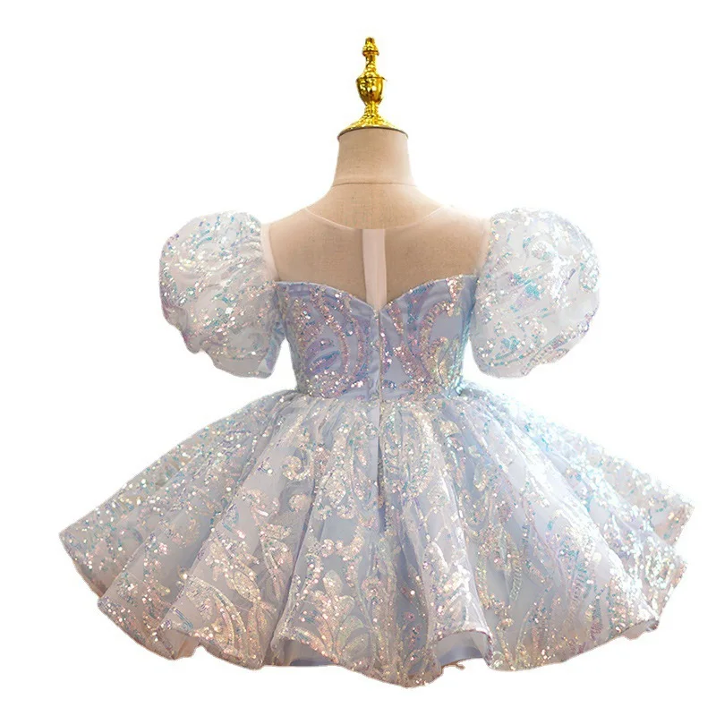 Blue Nude Neckline Little Girl Party Dress Summer Elegant Kid Clothing Lovely Beaded Baby Formal Wear New Style