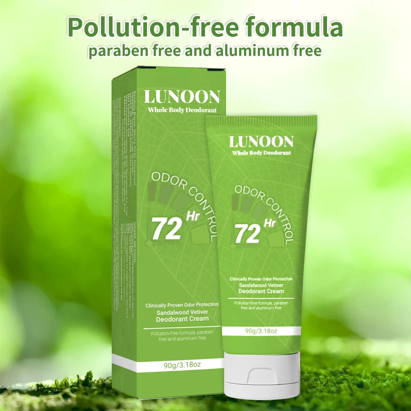 LUNOON Crema Desodorante para Todo el Cuerpo 90g - 72Hr Control de Odor, Aluminio y Sin Parabenos, Sándalo Natural Vetiver para Hombres y Mujeres
