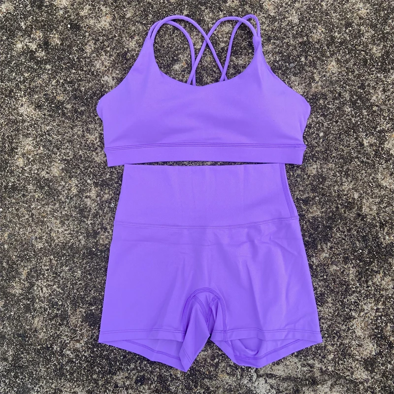2 ピース女性ジムスポーツセットヨガショーツセットフィットネス服スーツクロスバックブラトップハイウエストショーツランニングワークアウトトラックスーツ