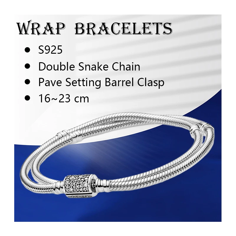 

Silver 925 Original Wrist Wrap Bracelets For Women Jewelry Double Snake Chain Pave Setting Zircon Stones Barrel Clasp 16 to 23cm