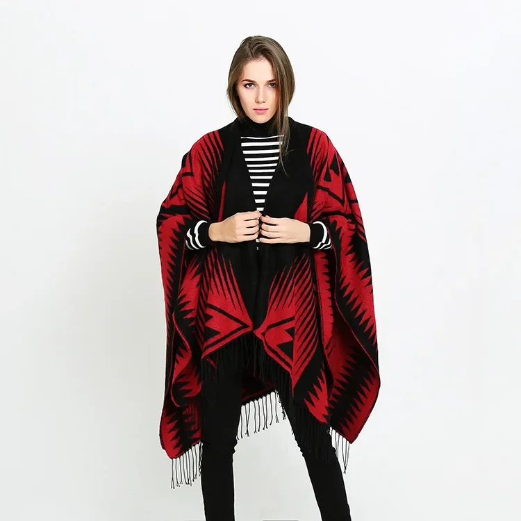 2024 Autumn Winter Scarf Black Red Triangle Women Shawl Imitation Cashmere National Style Fork Thickened Cloak Poncho Capes