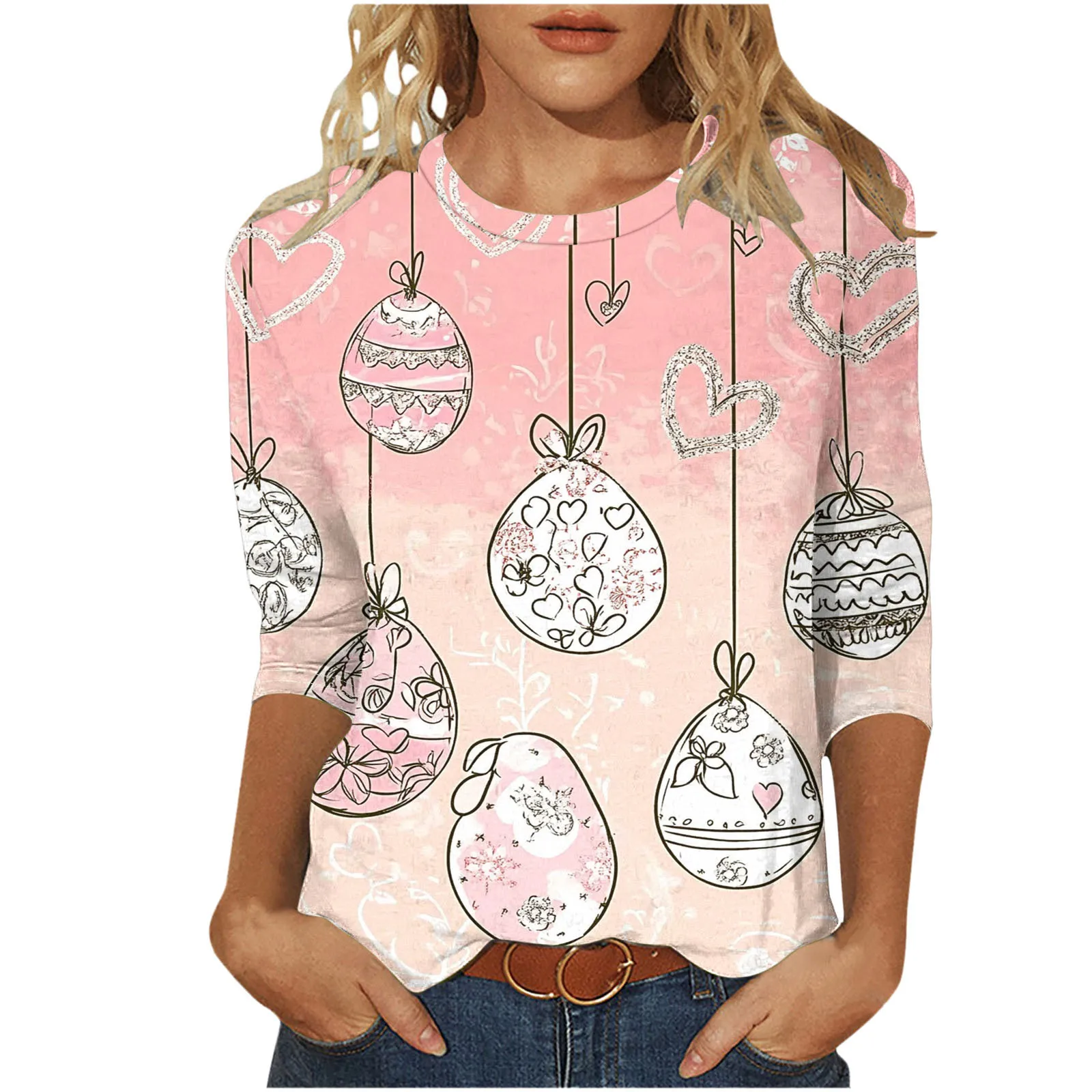 Women's Easter 3D Digital Printing Crew Neck 3/4 Sleeve T-Shirt Loose Top