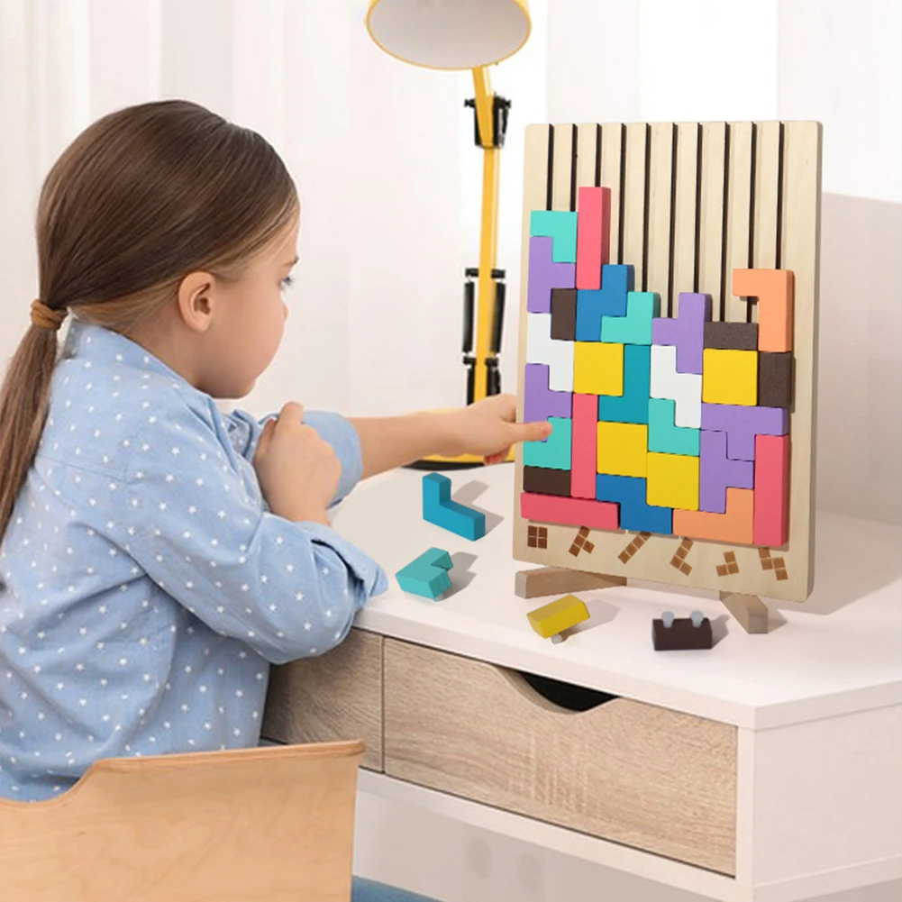1Set Wooden Blocks Puzzle Brain Teasers Toy Tangram Jigsaw Intelligence Colorful 3D Russian Blocks Montessori Educational