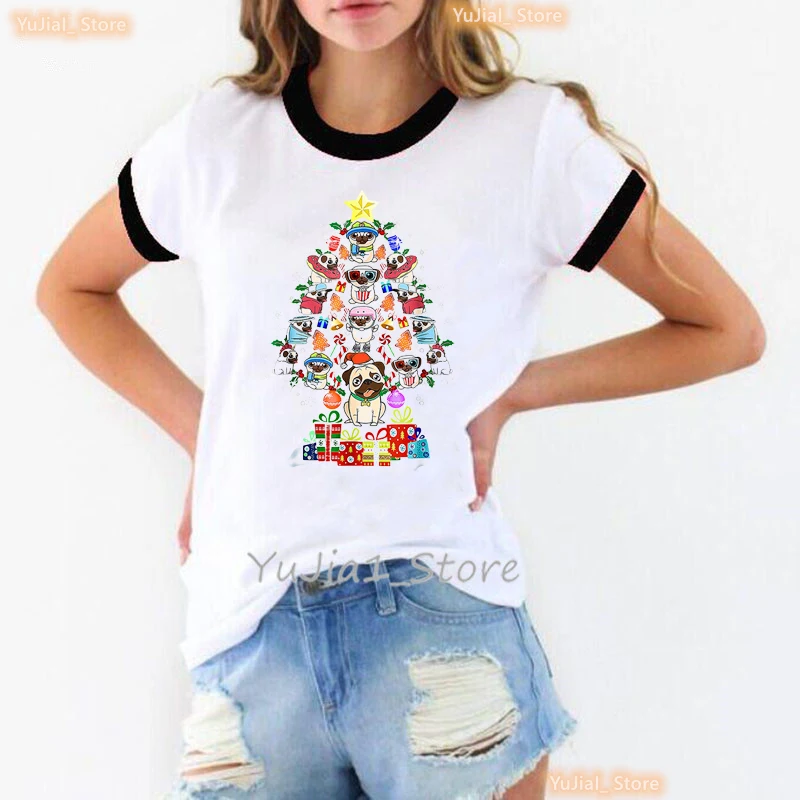 

Watercolor Merry Christmas Pug Graphic Print Tshirt Girls Harajuku Kawaii Dog T Shirt Women Summer Tops Fashion Female T-Shirt