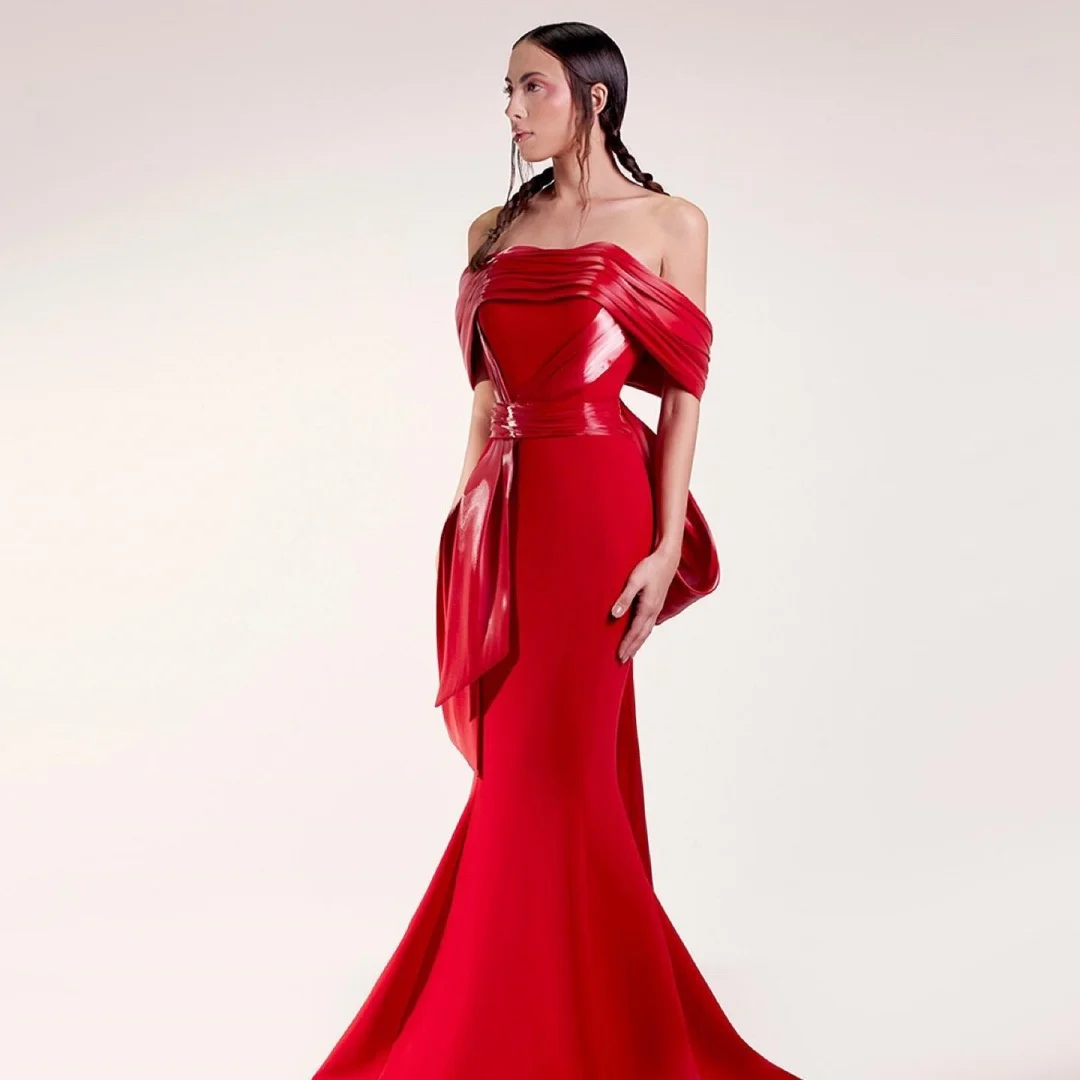 

Customized Temperament Jersey Mermaid Off the Shoulder Evening Dresses Strapless Half Sleeves Zipper Back Panel Train Soft
