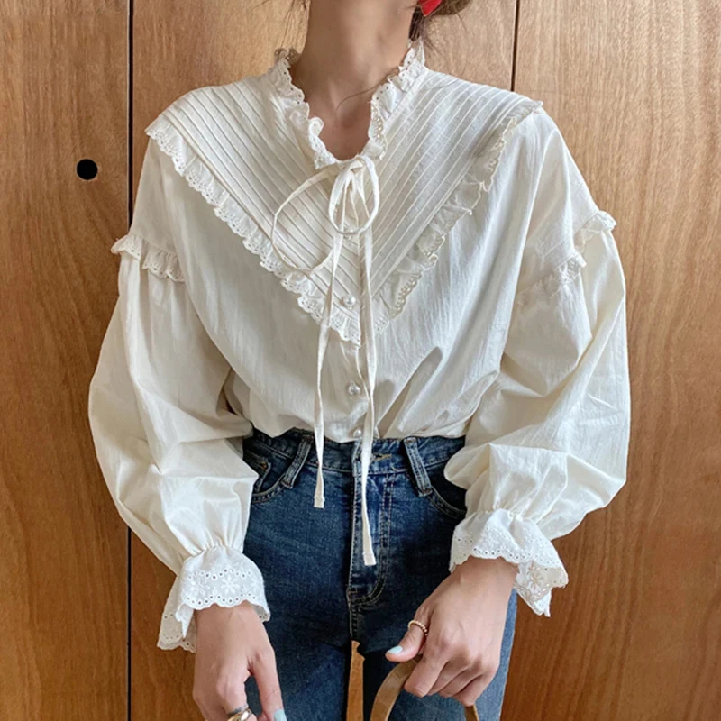 2024 Long Sleeve Vintage Women Lace Shirts Hollow Out Casual Elegant Tops Women Solid Lace Up Bow Loose Blouses New Blusas 9580