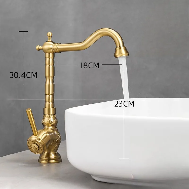 Basin Faucet, Golden Retro Washbasin Faucet, Hot and Cold Dual-use, All Copper High-end Antique Style Faucet