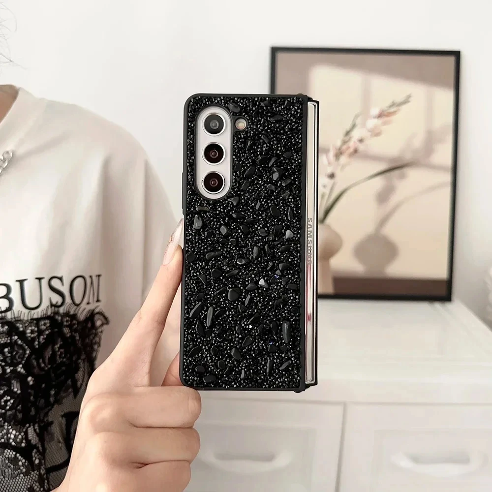 Phone Case For Samsung Galaxy Z Fold 6 5 4 3 5G Rhinestone Glitter Sequins Trim Soft TPU Frame Shockproof Back Cover