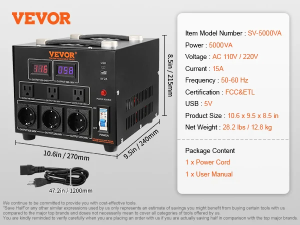 SucceBuy Spanningsomvormer Transformator 2000VA/3000VA/5000VA Zware Step Up/Down Transformator met US & EU Outlet 5V USB-poort - afbeelding 1