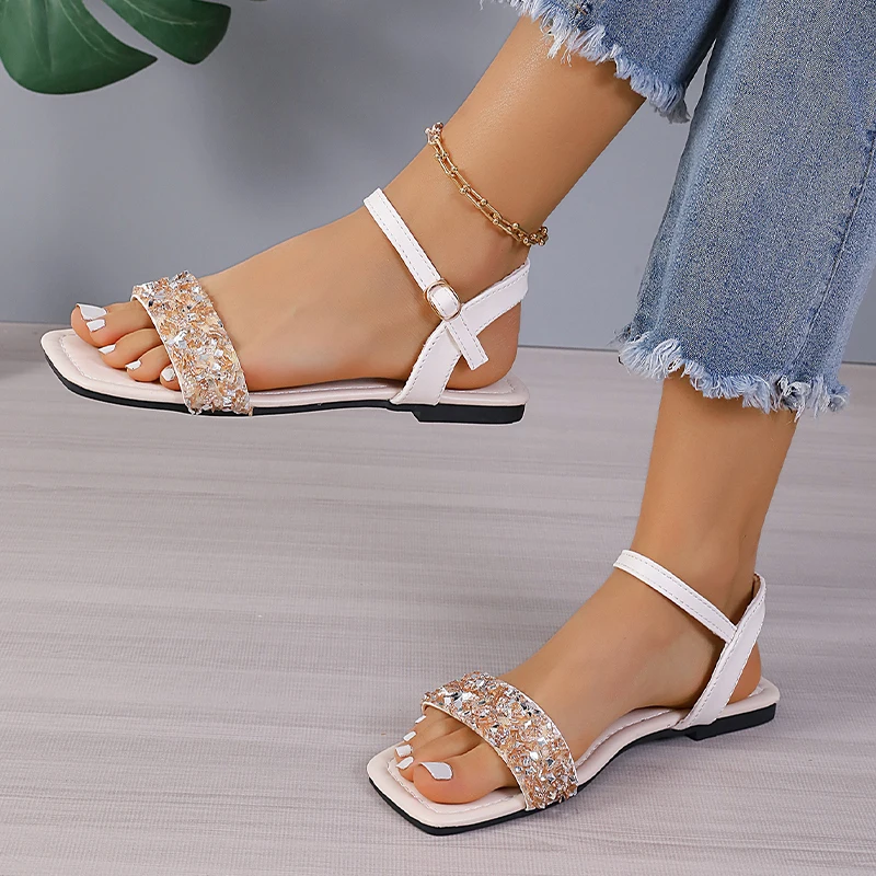 

Bling Women Flats Sandals Summer Open Toe Dress Shoes Designer New Beach Slippers 2024 Brand Flip Flops Slides Zapatillas Female