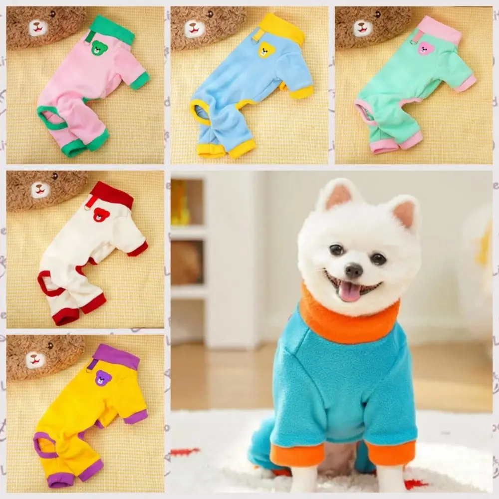 Bear Pattern Plush Dog Jumpsuit Comfortable Colorful Warm Dog Pajamas Pet Base Shirt with D Ring Winter Pet Overalls