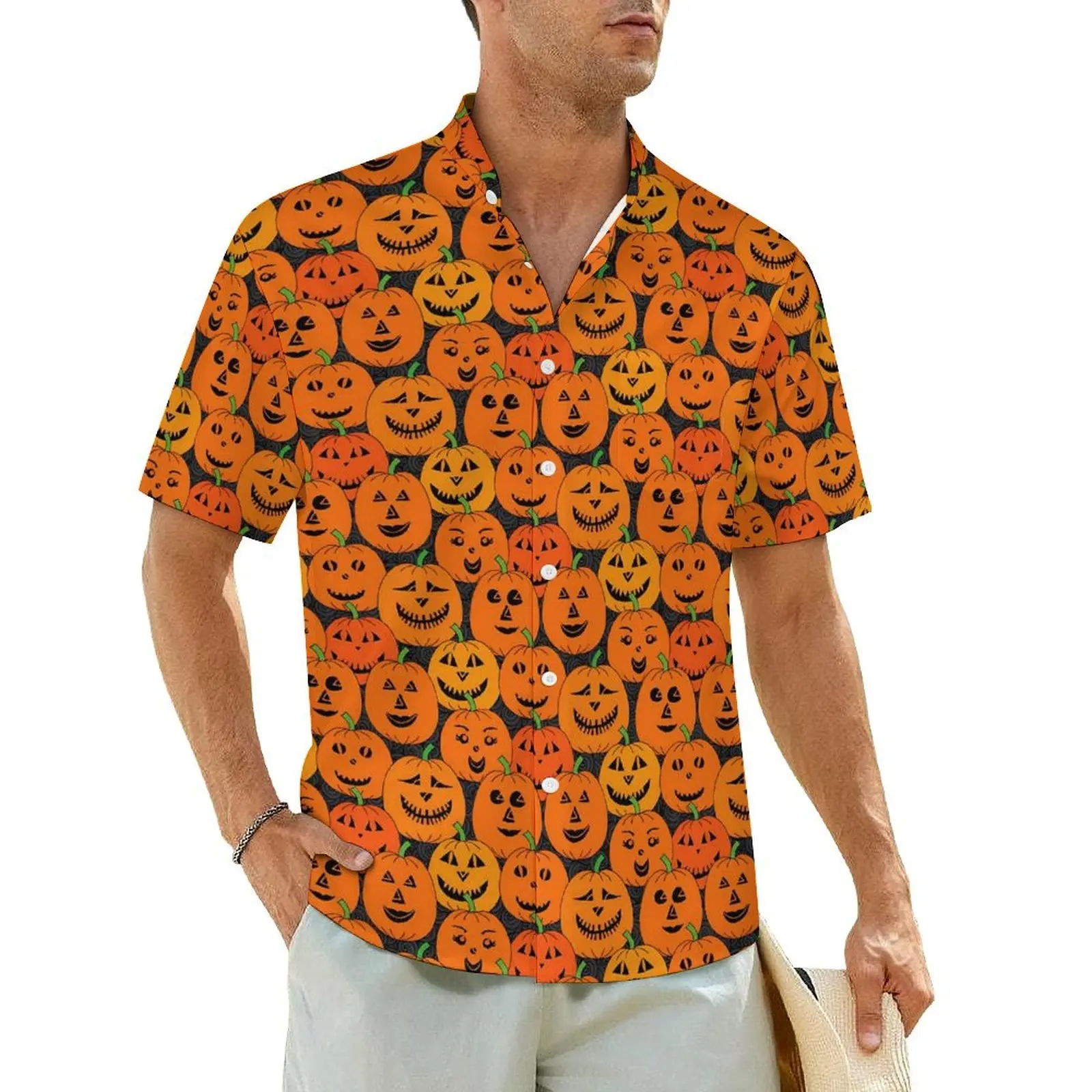 

Hawaiian Shirt Vacation Cute Pumpkin Blouses Halloween Print Vintage Casual Shirts Male Short-Sleeve Funny Plus Size Clothing